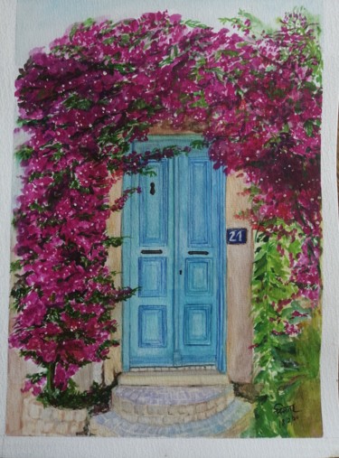 Ζωγραφική με τίτλο "The Blue Door...#ar…" από Smita Srivastav, Αυθεντικά έργα τέχνης, Ακουαρέλα