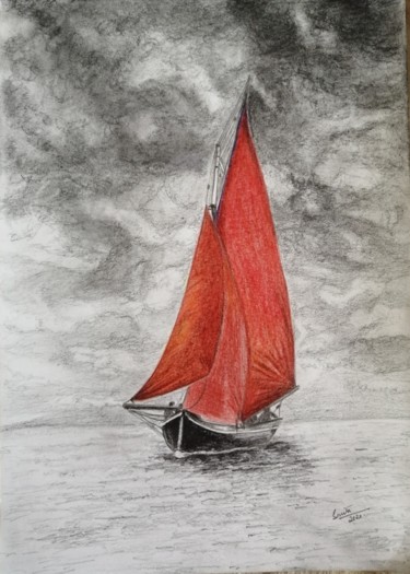 Drawing titled "Crimson Sails" by Smita Srivastav, Original Artwork, Charcoal