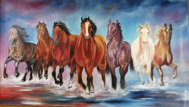 Malerei mit dem Titel "Stallions... Chario…" von Smita Srivastav, Original-Kunstwerk, Öl