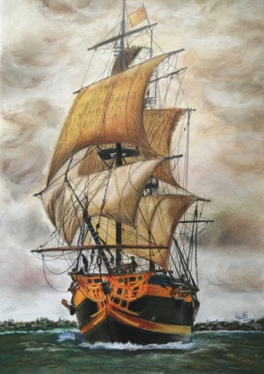 Peinture intitulée "The Golden Sails...…" par Smita Srivastav, Œuvre d'art originale, Pastel