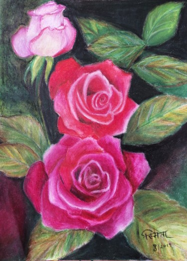 Ζωγραφική με τίτλο "Red Roses...oil pas…" από Smita Srivastav, Αυθεντικά έργα τέχνης, Παστέλ