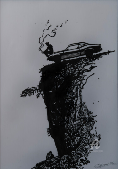 Drawing titled "Le Fumeur" by Smockingart, Original Artwork, Ink Mounted on Glass