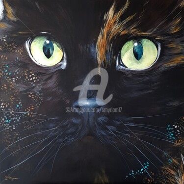 Painting titled "LE CHAT" by Smyriam, Original Artwork, Acrylic Mounted on Wood Stretcher frame