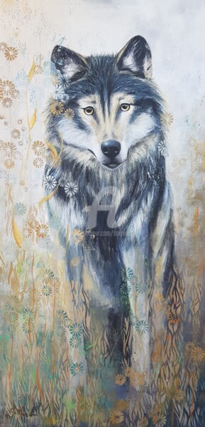 Painting titled "LE LOUP" by Smyriam, Original Artwork, Acrylic Mounted on Wood Stretcher frame