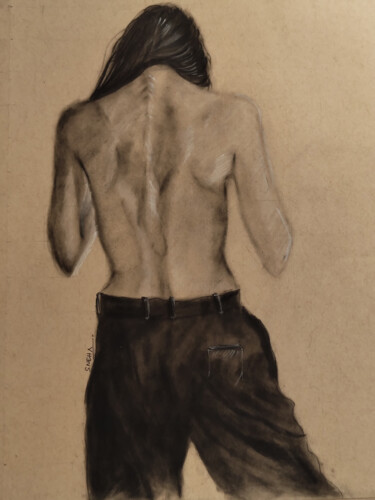 Zeichnungen mit dem Titel "Barely backless por…" von Sneha Lobo, Original-Kunstwerk, Kohle