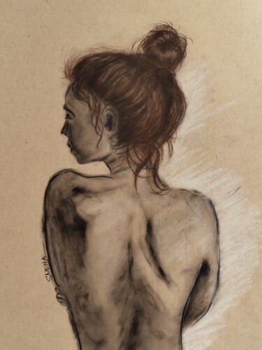 Картина под названием "Barely backless por…" - Sneha Lobo, Подлинное произведение искусства, Древесный уголь