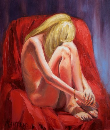 Schilderij getiteld "Блондинка на красном" door Martens, Origineel Kunstwerk, Olie