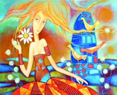 Peinture intitulée "Девушка и птички" par Tatiana Kobrinets, Œuvre d'art originale, Huile