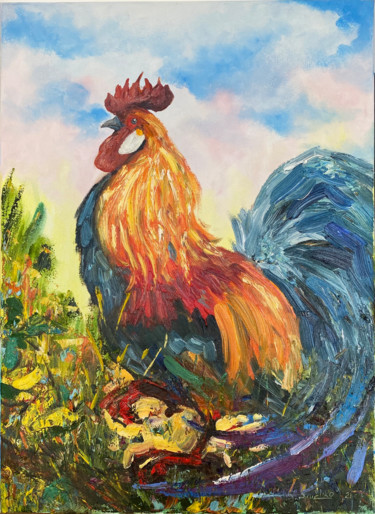Painting titled "The rooster" by Svetlana Snezhko, Original Artwork, Oil