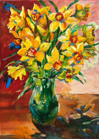 Painting titled "Daffodils vase" by Svetlana Snezhko, Original Artwork, Oil