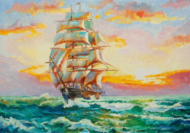 Картина под названием "Dawn in the sea" - Svetlana Snezhko, Подлинное произведение искусства, Масло