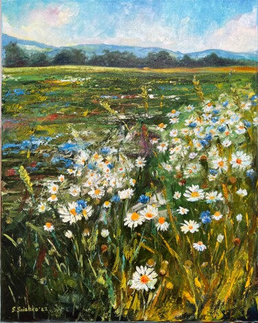 Malerei mit dem Titel "Chamomile field" von Svetlana Snezhko, Original-Kunstwerk, Öl