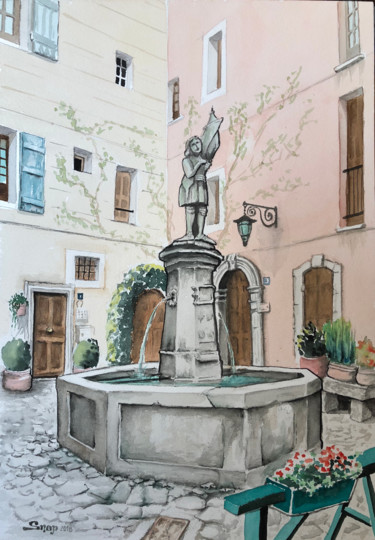 Painting titled "Fontaine Jeanne d'A…" by Snop, Original Artwork, Watercolor