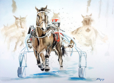 Painting titled "Course de chevaux" by Snop, Original Artwork, Watercolor