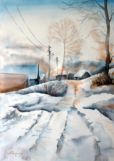 Painting titled "Paysage de neige" by Snop, Original Artwork, Watercolor