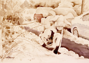 Painting titled "Moto sous la neige" by Snop, Original Artwork, Watercolor