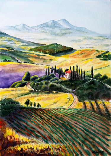 Painting titled "Toscane" by Snop, Original Artwork, Watercolor