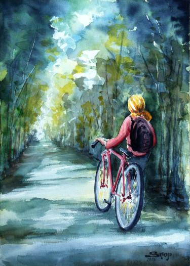 Peinture intitulée "Le vélo rouge" par Snop, Œuvre d'art originale, Aquarelle