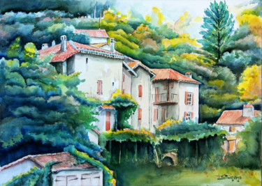 Peinture intitulée "Antraigues, Ardèche" par Snop, Œuvre d'art originale, Aquarelle
