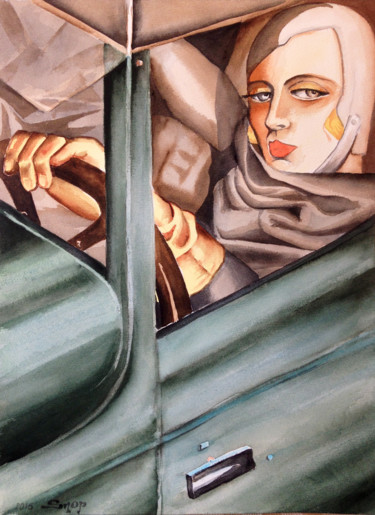 Peinture intitulée "Tamara en Bugatti" par Snop, Œuvre d'art originale, Aquarelle