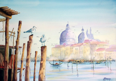 Painting titled "Venise" by Snop, Original Artwork, Watercolor