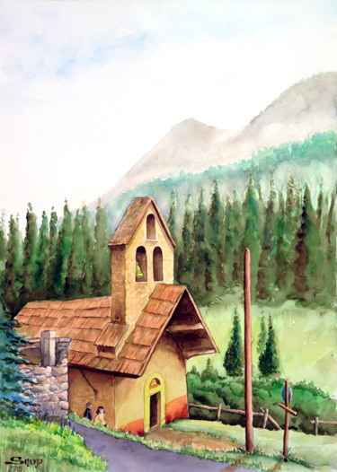 Peinture intitulée "Chapelle de Fouillo…" par Snop, Œuvre d'art originale, Aquarelle