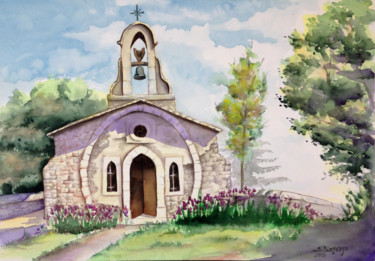 Painting titled "Chapelle de Lurs" by Snop, Original Artwork, Watercolor