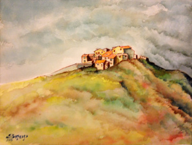 Painting titled "Village de Provence" by Snop, Original Artwork, Watercolor
