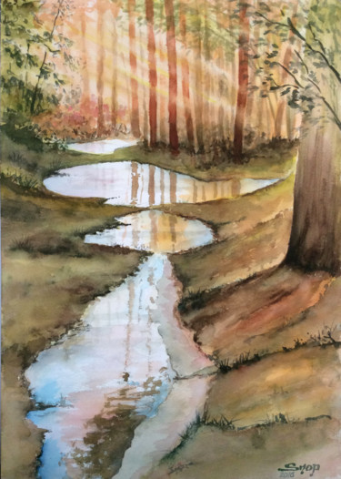 Painting titled "Mare sous bois" by Snop, Original Artwork, Watercolor