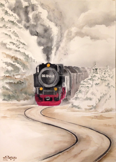 Painting titled "Train dans la neige…" by Snop, Original Artwork, Watercolor