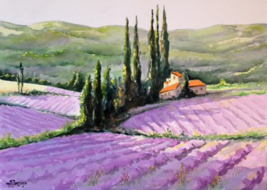 Peinture intitulée "Lavandes en Provenc…" par Snop, Œuvre d'art originale, Aquarelle