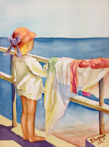 Peinture intitulée "Eva aux bains de mer" par Snop, Œuvre d'art originale, Aquarelle