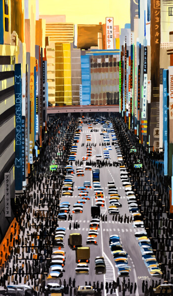 Painting titled "Ginza, Tokyo #4" by Sócrates Rízquez, Original Artwork, Enamel Mounted on Wood Stretcher frame