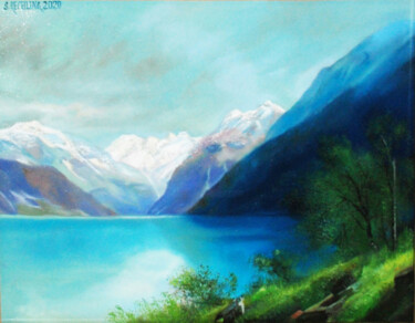 Schilderij getiteld "Озеро в горах. Герм…" door Sof A Elizabet Rehling, Origineel Kunstwerk, Olie