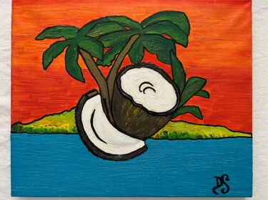 Painting titled "LA NOIX DE COCO" by Déesse, Original Artwork, Oil Mounted on Wood Stretcher frame