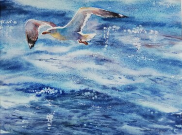 Painting titled "Volo sul mare" by Sofia Becherucci, Original Artwork, Watercolor Mounted on Cardboard