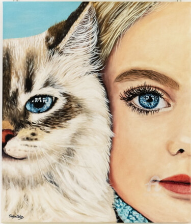 Painting titled "Blue Eyes" by Sofia Costa, Original Artwork, Oil Mounted on Wood Stretcher frame