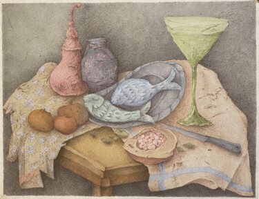 Painting titled "Nature morte aux po…" by Sofia Mosiadz, Original Artwork, Watercolor