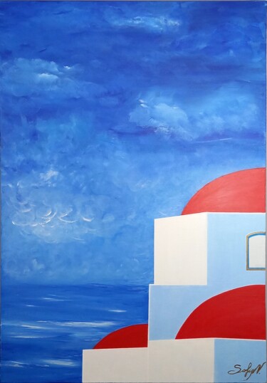 Картина под названием "Red Domes in Santor…" - Sofia Nikolaou, Подлинное произведение искусства, Акрил