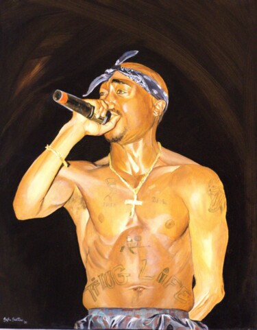 Schilderij getiteld "Tupac Shakur" door Sofia Santoro, Origineel Kunstwerk, Olie Gemonteerd op Frame voor houten brancard