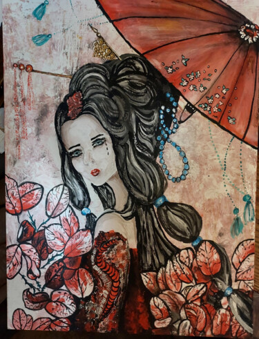 Картина под названием "Гейша с зонтиком" - Sofia Ternoutskaia, Подлинное произведение искусства, Акрил