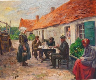 Painting titled "Scène de village en…" by Sofia Vergara, Original Artwork