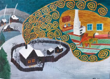 Painting titled "Winter Evening" by Svetlana Klyavlina, Original Artwork, Oil Mounted on Other rigid panel