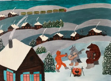 Painting titled "New Year Celebration" by Svetlana Klyavlina, Original Artwork, Oil Mounted on Other rigid panel