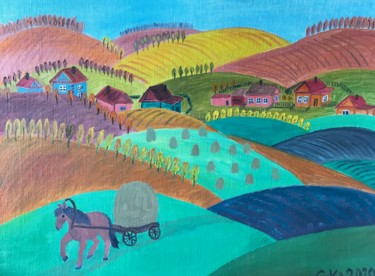 Painting titled "The Hay" by Svetlana Klyavlina, Original Artwork, Oil Mounted on Other rigid panel