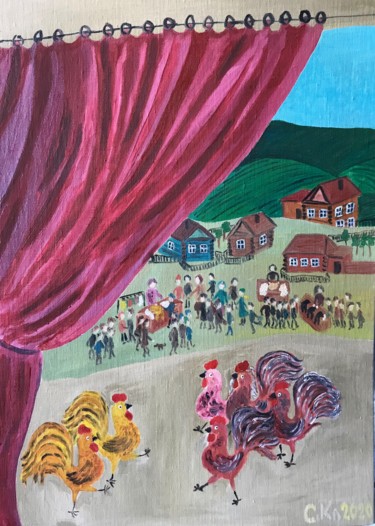 Painting titled "Cockerels or Market…" by Svetlana Klyavlina, Original Artwork, Oil Mounted on Other rigid panel