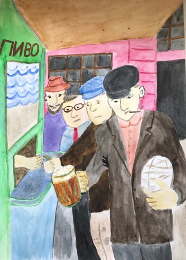 Painting titled "USSR. A Beer Stall" by Svetlana Klyavlina, Original Artwork, Watercolor