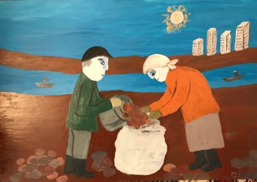 Painting titled "Digging Potatoes" by Svetlana Klyavlina, Original Artwork, Oil