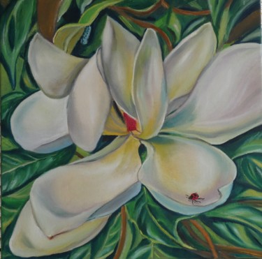 Painting titled "Wight magnolia" by Sofia Gasviani, Original Artwork, Oil Mounted on Wood Stretcher frame
