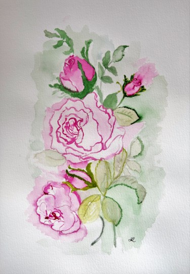 Painting titled "Field of Roses" by Sofie Papadopoulou, Original Artwork, Watercolor
